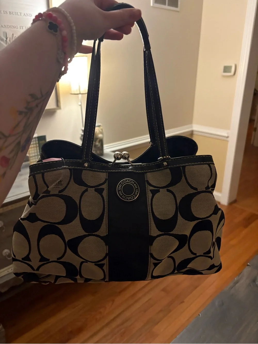 Coach Black and Cream Signature Tote with Leather Trim Y2K vintage